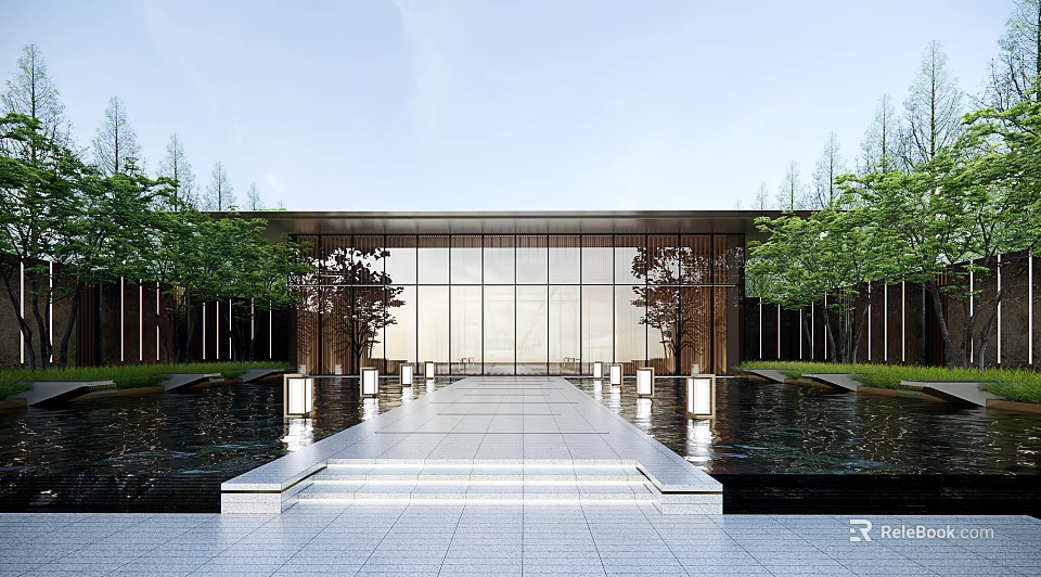 Modern Garden Landscape With Long Pathway Side Water Pools Lighting And Glass Facade 3d model