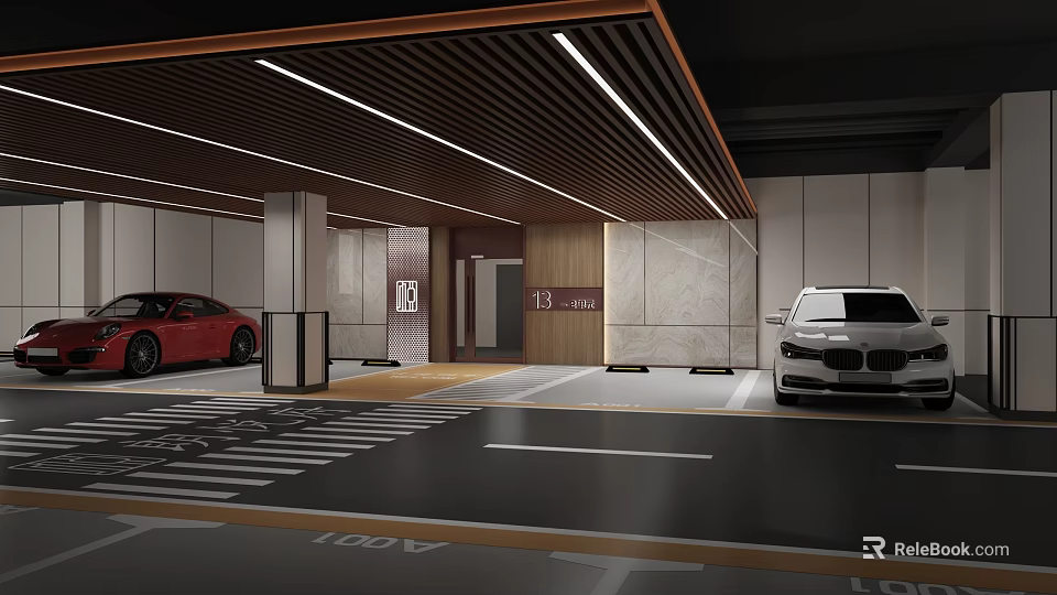 Modern Parking Garage With Red And White Cars Wooden Marble Walls And Strip Lights 3d model 