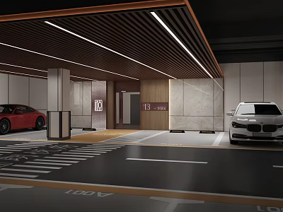 Modern Parking Garage With Red And White Cars Wooden Marble Walls And Strip Lights 3d model