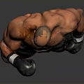 Shirtless Muscular Man in Boxing Stance Wearing Black Shorts and Gloves