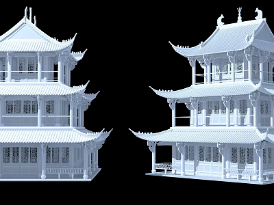 Ancient Chinese Architecture Multi Storey Towers Featuring Curved Eaves And Carved White Exterior 3d model