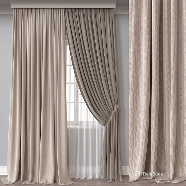 Beige Textured Curtains With Sheer Layers For Elegant Modern Window Decor 3d model 