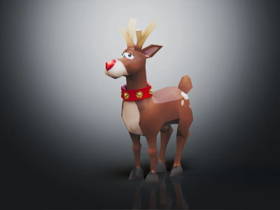 Low Poly Style Reindeer Character With Red Nose And Golden Bell Collar 3d model