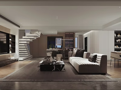 Modern Living and Dining Room Interior With Sofa Coffee Table TV Unit And Staircase 3d model