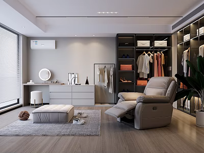 Modern Walk in Closet Interior With Cabinets Storage Boxes Dressing Table Mirror And Armchair 3d model