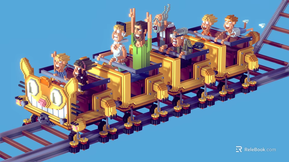 Pixel Style Roller Coaster Ride With Yellow Carriages And Cartoon Characters On Track 3d model 