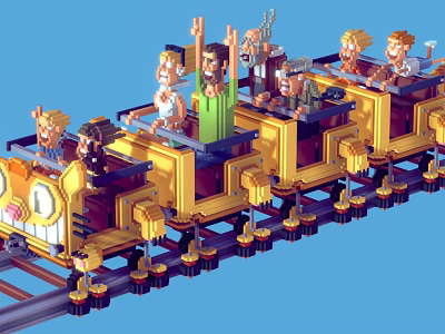 Pixel Style Roller Coaster Ride With Yellow Carriages And Cartoon Characters On Track 3d model
