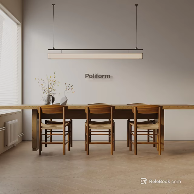 Modern Wooden Dining Table Set With Four Chairs Hanging Light And Poliform Sign 3d model 
