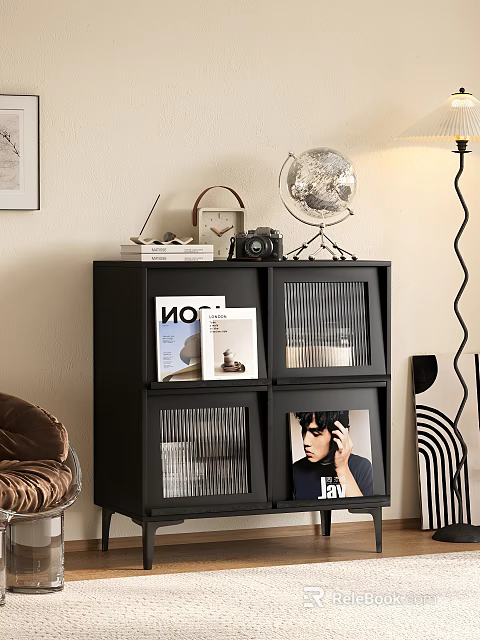 Black Display Cabinet with Globe Camera and Magazines on Open Shelves 3d model 