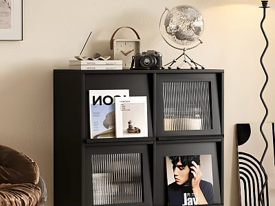 Black Display Cabinet with Globe Camera and Magazines on Open Shelves 3d model