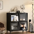 Black Display Cabinet with Globe Camera and Magazines on Open Shelves