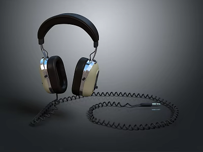Premium Over Ear Headphones With Black Headband Beige Ear Cups And Coiled Cable Design 3d model