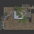 Urban Damaged Building Structures With Platform Trees And Brick Paved Ground