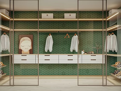 Stylish Walk In Closet Featuring Green Patterned Wall Metal Frame White Clothes And Drawers 3d model