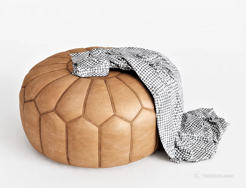 Stylish Brown Leather Ottoman With Stitched Hexagonal Design And Checkered Blanket 3d model