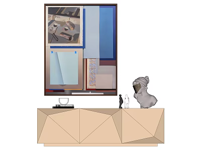 Modern TV Stand With Geometric Design TV Screen Multiple Frames And Figurines 3d model