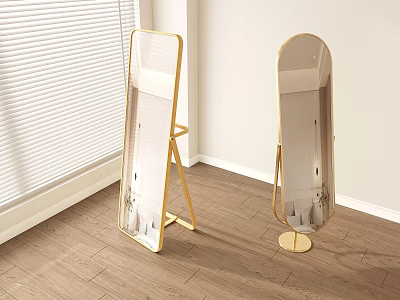 Stylish Rectangular and Oval Mirrors with Golden Stands on Wooden Floor Near Window 3d model
