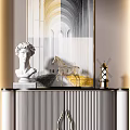 Modern Entryway Console Cabinet With Striped Panel Golden Legs And Decorative Sculptures