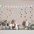 Colorful Party Decorative Ornaments Set With Hanging Banners Pom Poms Cakes And Flower Bouquets