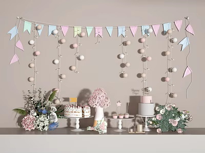 Colorful Party Decorative Ornaments Set With Hanging Banners Pom Poms Cakes And Flower Bouquets 3d model