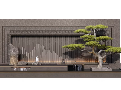 Zen Style Feature Wall With Textured Gray Design Pine Tree And Stone Decorations 3d model