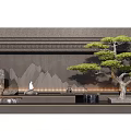 Zen Style Feature Wall With Textured Gray Design Pine Tree And Stone Decorations 3d model