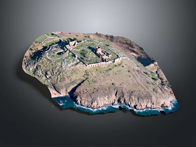Coastal Island Landscape With Cliff Fortress And Ocean Shoreline View 3d model