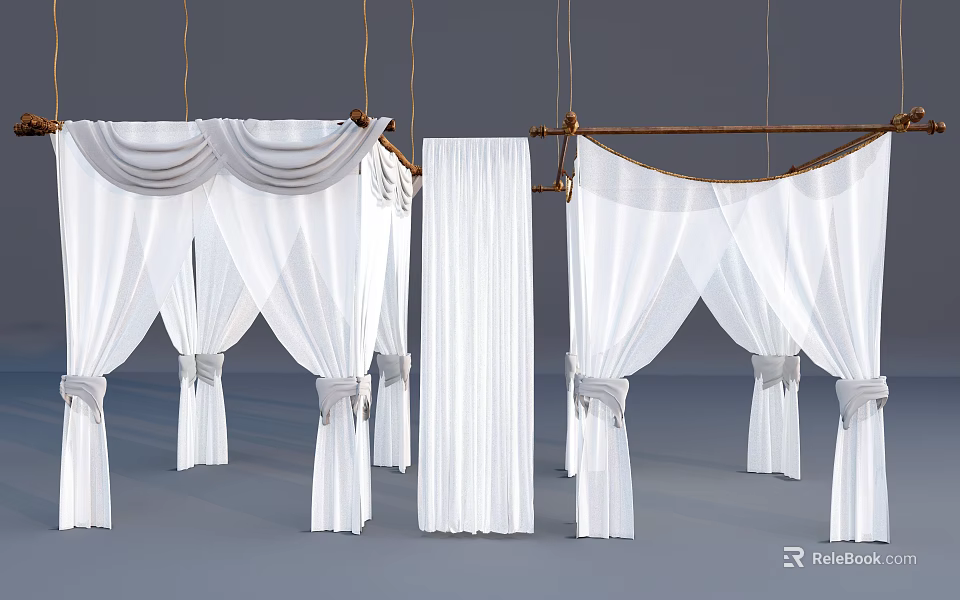 Elegant White Ceiling Drapery With Hanging Pleated Panels And Tied Accents 3d model 
