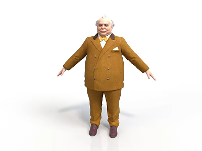 Man in Brown Double Breasted Suit with White Hair Standing Open Arms Against White Background 3d model