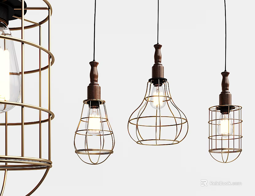 Vintage Industrial Pendant Lights With Wire Cage Design And Metal Hanging Frames 3d model 