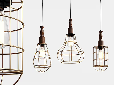 Vintage Industrial Pendant Lights With Wire Cage Design And Metal Hanging Frames 3d model