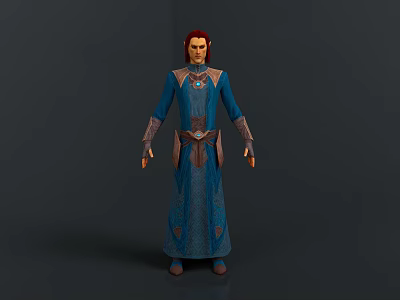 3D Fantasy Character In Blue Robe With Red Hair And Intricate Patterns 3d model