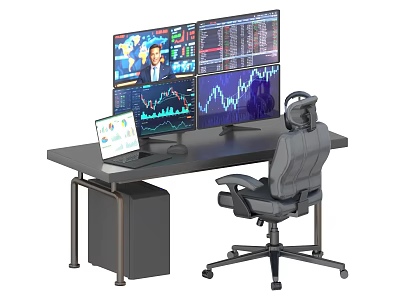 Modern Office Desk With Multiple Monitors Financial Charts News Laptop And Ergonomic Chair 3d model