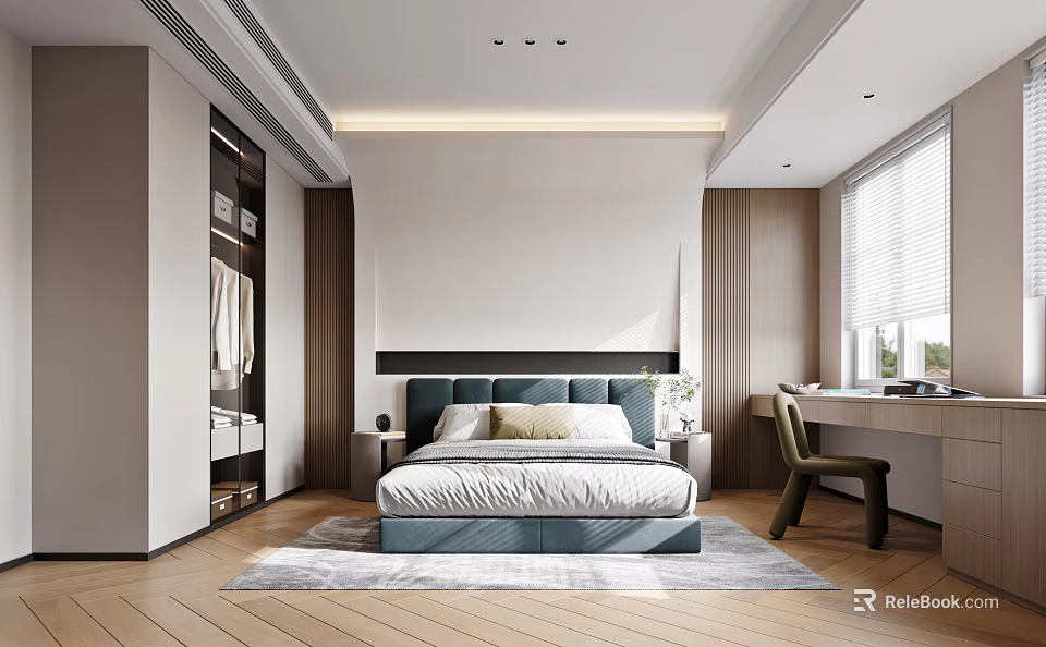 Modern Bedroom Interior With Comfortable Bed Bedside Table Wardrobe Desk Chair And Window 3d model