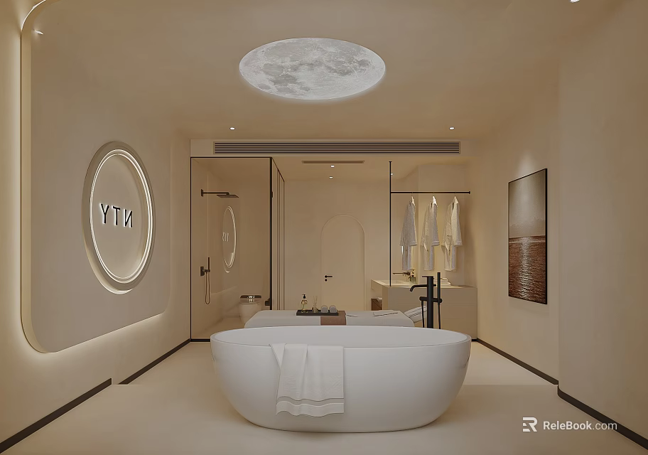 Modern Hotel Guest Room Bathroom With White Bathtub Circular Mirror And Soft Lighting 3d model 