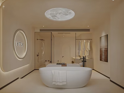 Modern Hotel Guest Room Bathroom With White Bathtub Circular Mirror And Soft Lighting 3d model