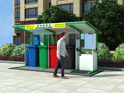 Public Trash Sorting Facility With Colored Bins And Man Disposing Garbage Near Building 3d model