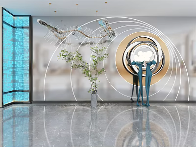 Modern Background Wall Design With Circular Decor Linear Lighting Sculpture And Green Plant 3d model