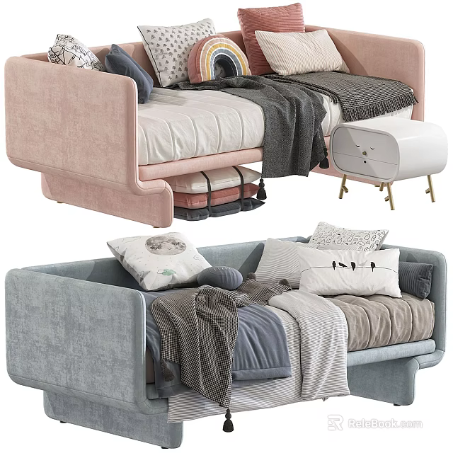 Modern Sofa And Bed Interior With Cozy Cushions Blankets And Side Table 3d model 
