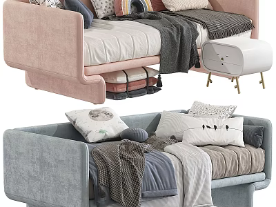 Modern Sofa And Bed Interior With Cozy Cushions Blankets And Side Table 3d model