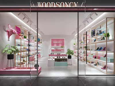 Elegant Modern WOODSONCY Fashion Store Interior With Shoes Bags Green Plants And Pink Decor 3d model