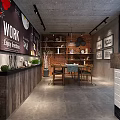 Industrial Style Restaurant Interior With Brick Walls Wooden Tables And Decor Paintings