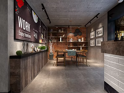 Industrial Style Restaurant Interior With Brick Walls Wooden Tables And Decor Paintings 3d model