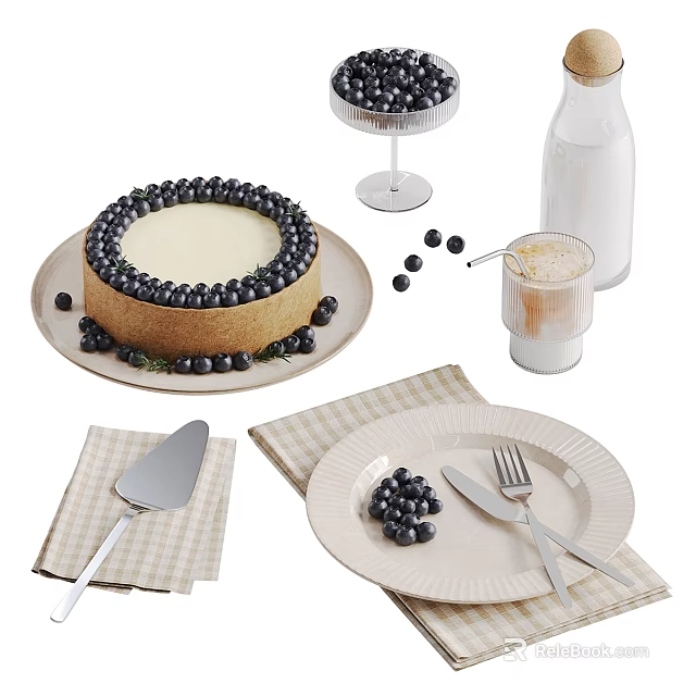 Delicious Blueberry Cheesecake Topped With Blueberries Served With Milk Bottle Glass Fork Knife And Plates 3d model 