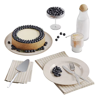 Delicious Blueberry Cheesecake Topped With Blueberries Served With Milk Bottle Glass Fork Knife And Plates 3d model