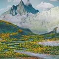 Scenic Mountain Landscape With Green And Yellow Vegetation In Valley Under Blue Sky And Clouds