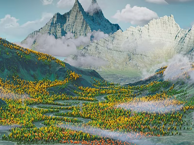 Scenic Mountain Landscape With Green And Yellow Vegetation In Valley Under Blue Sky And Clouds 3d model