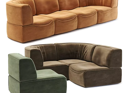Modern Brown Velvet Sofa Dark Brown Curved Sofa And Green Single Chair Furniture Set 3d model