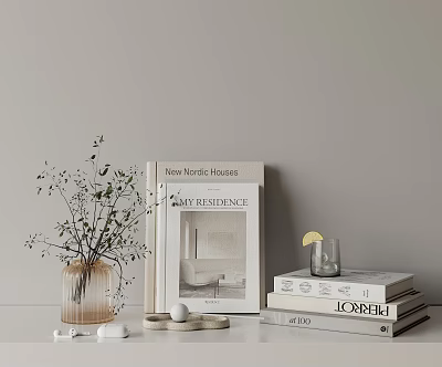 Decorative Ornament Set With Clear Vase Green Foliage Stacked Books And Yellow Crescent Decor 3d model