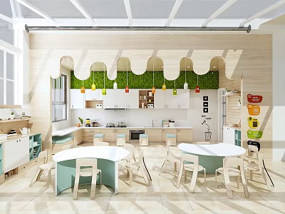 Kindergarten Classroom Interior With Green Wall Decor Colorful Pendant Lights And Child Friendly Furniture 3d model